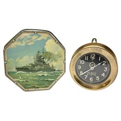 WWII period US Navy Mark I deck clock, the black circular dial with Arabic numerals,  luminous dot markers and subsidiary seconds dial marked 'Mark I Deck Clock U.S. Navy 15211 1941', in bronze bulk head case D20cm; and a Loose-Wiles Biscuit Company octagonal tin decorated with nine different US Warships (2)