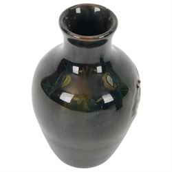 Elton ware slipware pottery vase with floral relief decoration, together with green and silver glaze jug