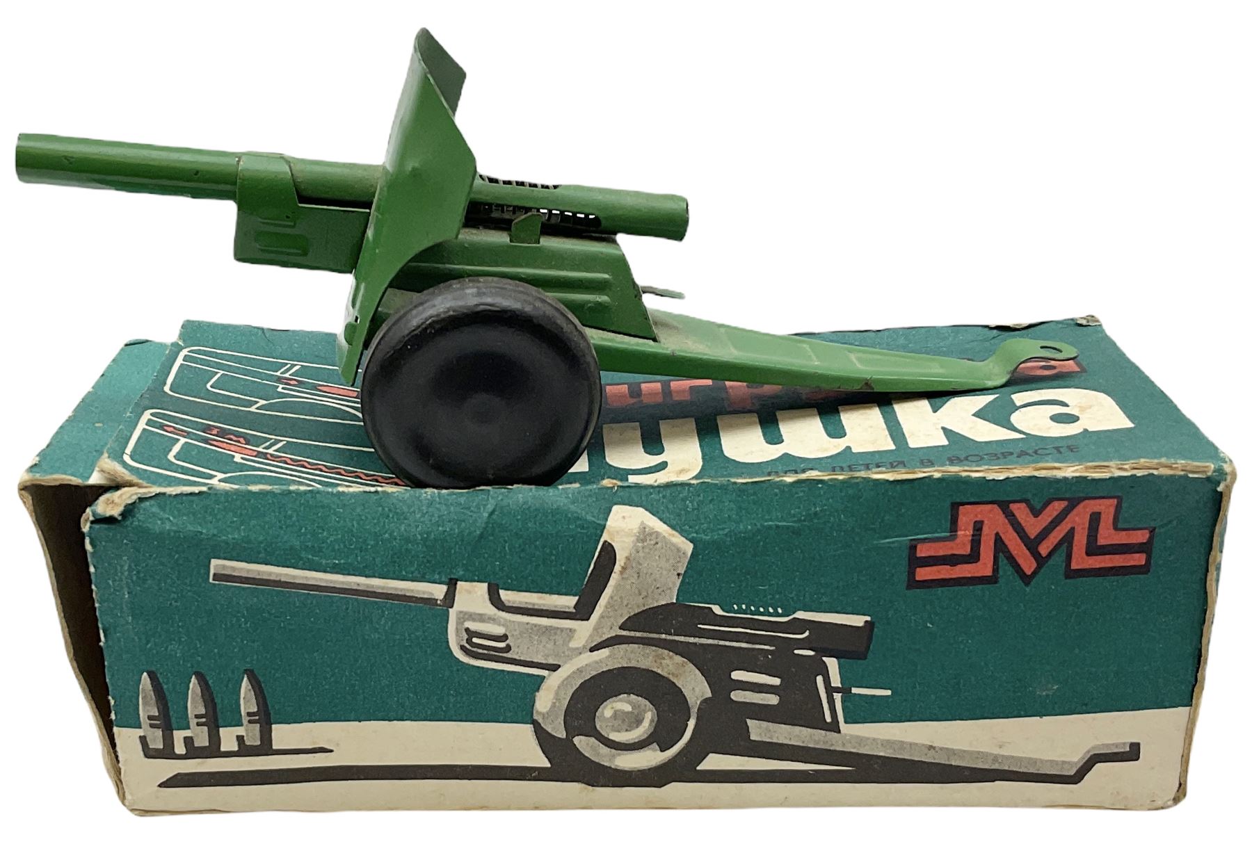 Various Makers - military vehicles comprising Schuco Kubelwagen and two Russian tanks, all boxed; and quantity of unboxed and playworn models including five Crescent Field Guns and Ammunition Limbers, Crescent Heavy Rescue Crane, Johilco Mobile Searchlight, Britains German Army BMW Combination, two Skybirds trucks etc; and a tin-plate armoured car.