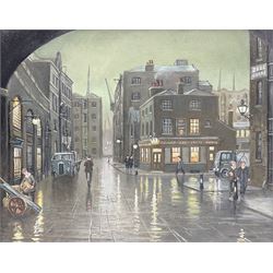 Steven Scholes (Northern British 1952-): 'Borough Market Southwark London 1938', oil on canvas signed, titled verso 39cm x 49cm