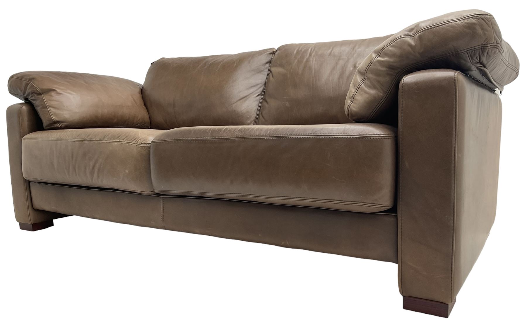 Heals - contemporary two seat 'Palermo' sofa, upholstered in chocolate brown leather, raised on wooden block feet