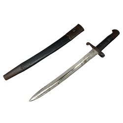British bayonet with 34cm fullered Yataghan shaped blade, contract shortened, stamped Mole c1915, with leather scabbard, 52cm overall 
