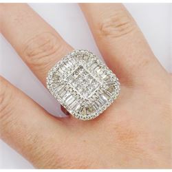 White gold round brilliant cut and baguette cut diamond cluster ring hallmarked 9ct, total diamond weight 3.55 carat, with World Gemological Institute report