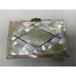 Mother of pearl and abalone inlaid card case, with central diamond shaped panel engraved with foliate decoration, together with a simulated mother of pearl card case of book form with green sun rays to cover, and simulated wood effect cigarette case with hinged lid with diamante style banding, largest L10cm