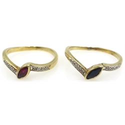  Pair of 14ct gold rings, sapphire and diamond and ruby and diamond both stamped 585 ( worn together)  