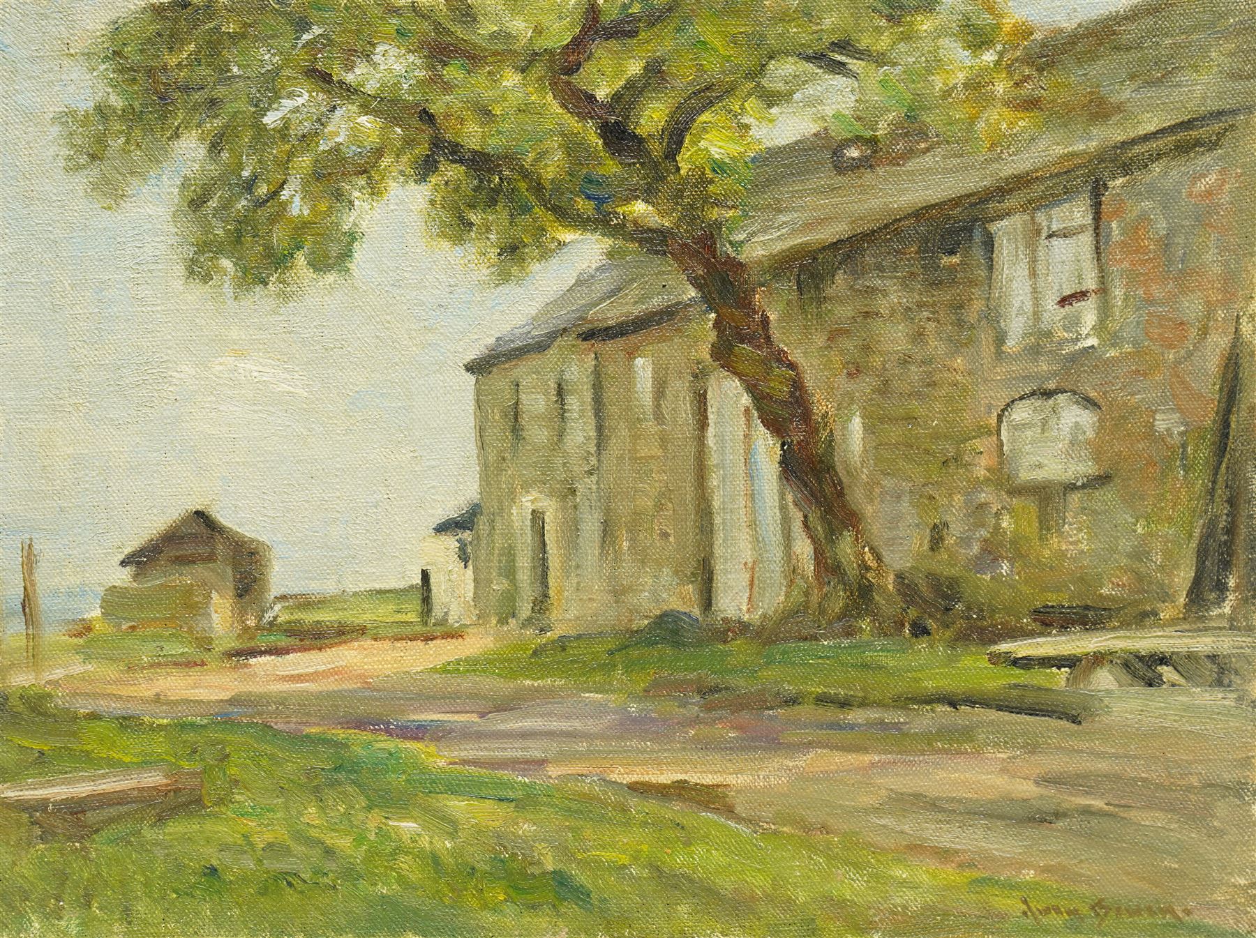 Owen Bowen (Staithes Group 1873-1967): Country Manor, oil on board signed 30cm x 41cm