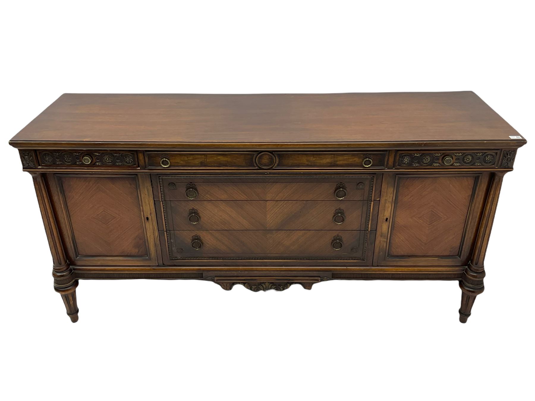 Early 20th century French walnut sideboard, fitted with six drawers and two cupboards