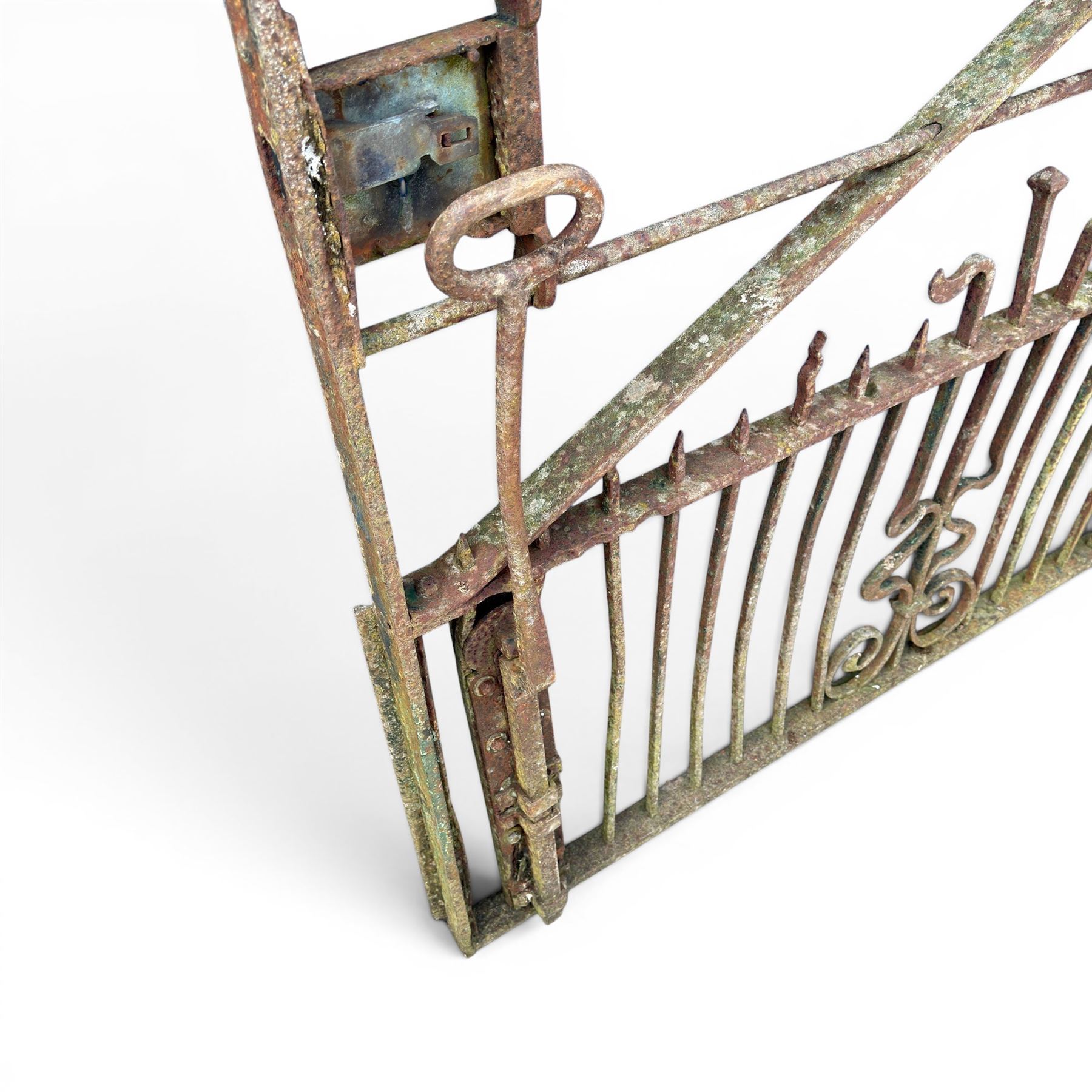 Impressive 19th century 9' wrought iron Country House gate, bar form with close rail base, X framed with central crests, scroll and spike top