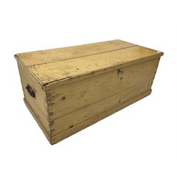Victorian pine blanket box, hinged lid, with metal carrying handles