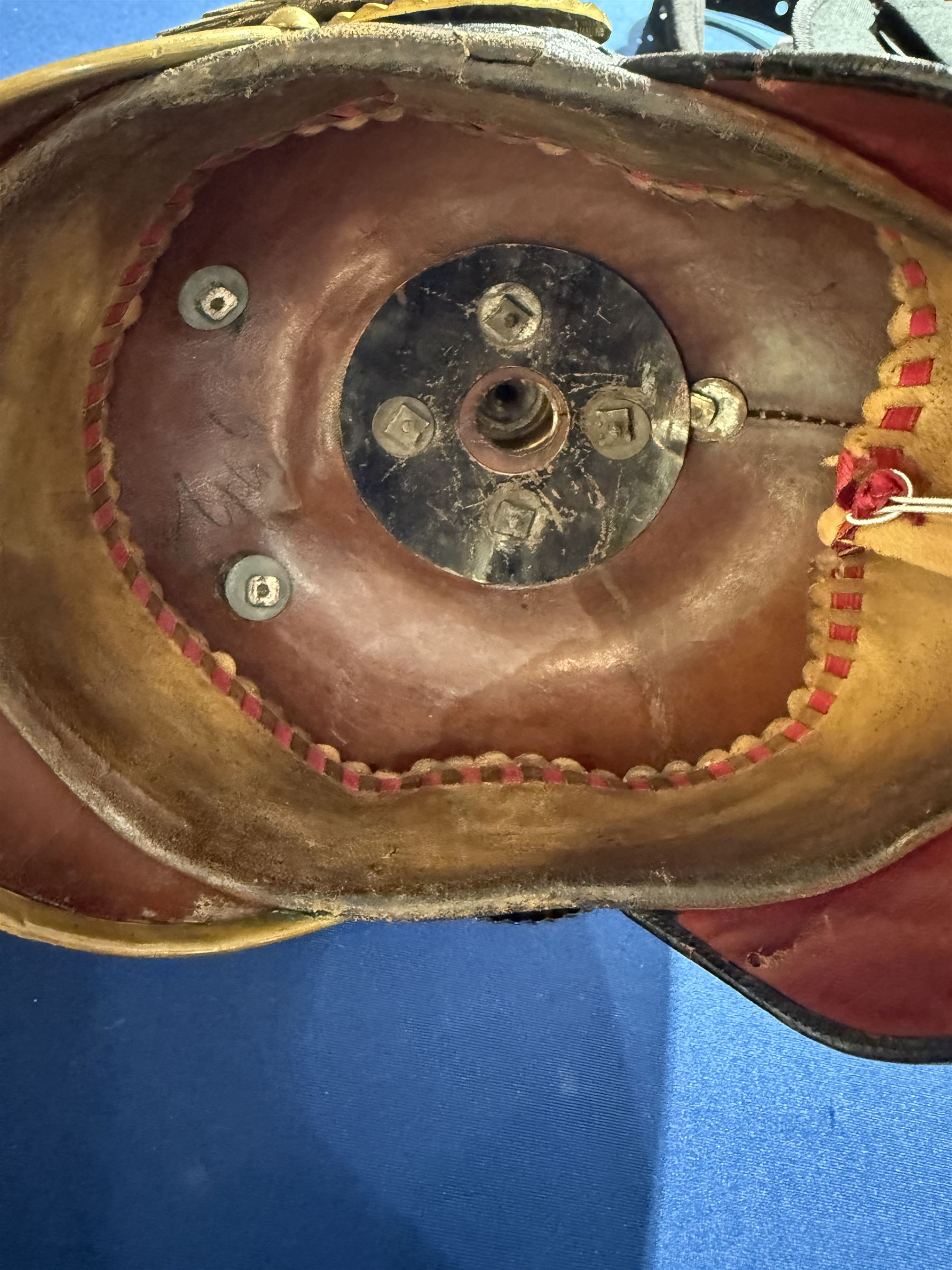 WWI Prussian Pickelhaube, Baden Infantry Regiment, the black leather skull with detachable brass spike, the circular base plate set with four star retaining studs, brass eagle helmet plate, both sides with red and black cockades