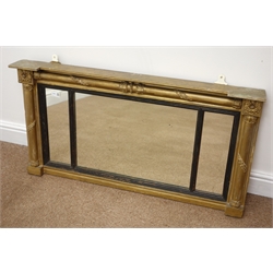  Regency overmantle mirror, three plates with reeded ebonised slips, moulded frame, W96cm, H51cm, D10cm  