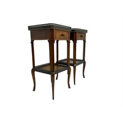 Pair French design walnut bedside stands, raised pierced gallery over square marble top with canted corners, fitted with single drawer over under-tier, raised on cabriole supports