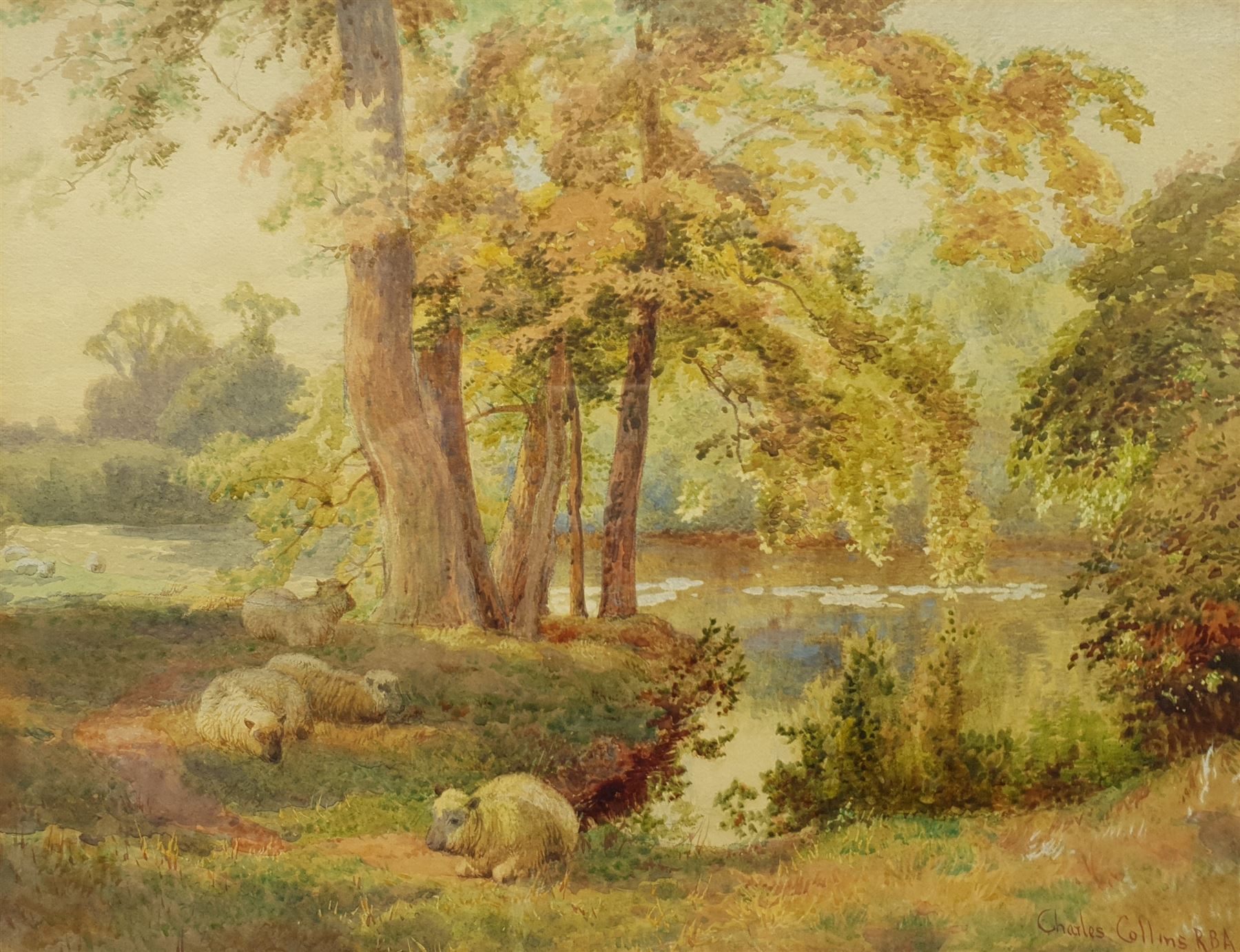 Charles Collins II RBA (British 1851-1921): Sheep Resting in Shade by the Waterside, watercolour signed 26cm x 34cm