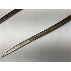 French Model 1866 sabre bayonet with 57cm fullered steel curving blade; in steel scabbard L71cm overall; another Model 1866 sabre bayonet lacking scabbard; and British Pattern 1856 sword bayonet (no scabbard) (3)