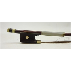  Late 19th/ early 20th century cello bow impressed Albin Hums, Saxony with mother of pearl inlaid ebony frog and nickel mounts, L72cm   