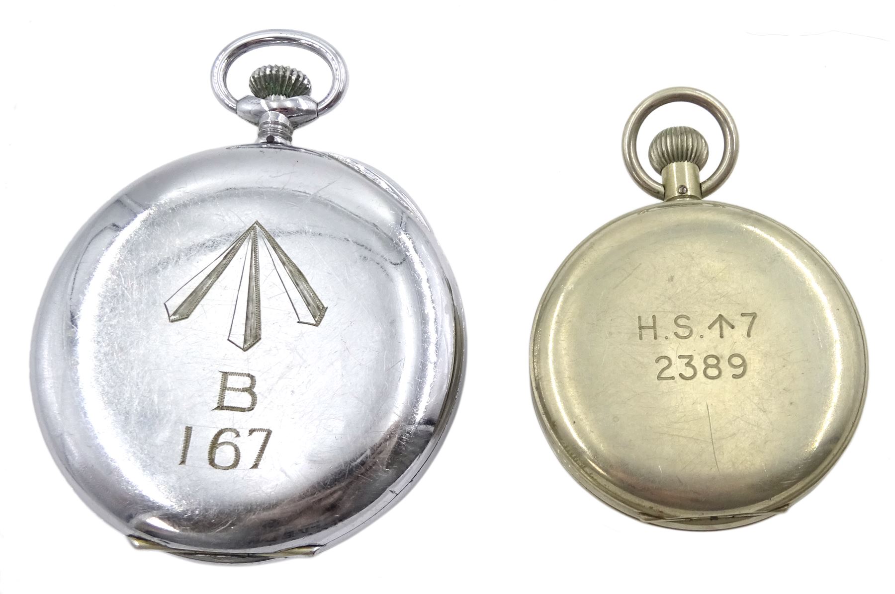 WWII military issue Royal Navy stop watch, the reverse engraved H.S. (broad arrow) 7 2389 and one other military stop watch by S.D. Neill Ltd, Belfast, the reverse engraved broad arrow B 167
