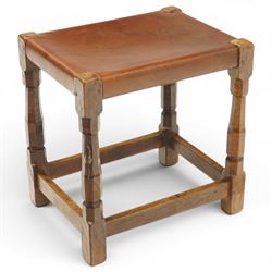 Mouseman - 1940s dark oak dressing table stool, the rectangular top with deep-tan leather ...