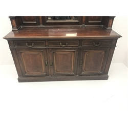  Late Victorian mahogany mirror back sideboard, projecting cornice, egg and dart detailing, moulded top above reeded columns flanking three drawers and three cupboards, plinth base, W201cm, H212  