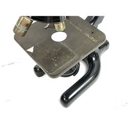 Black finished monocular microscope by Prior London No. 17372,  with pitchfork base and rack and pinion focusing, in original fitted wooden case with additional lenses, H32cm, together with Watts dumpy level, no. 116249, in a leather case