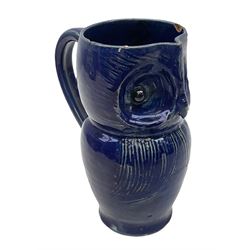 Late Victorian Farnham blue glaze owl jug, unmarked, H16.5cm