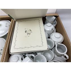 Large quantity of Porcelana Real Brasil White Blossom pattern tea and dinner wares, to include dinner plates, tea cups and saucers, salt and pepper pots, tureens, pie dishes coffee pots, place mats, spoons and glasses, etc, in five boxes 