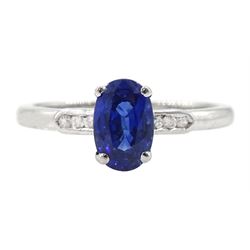 18ct white gold sapphire and diamond ring, single oval cut sapphire of approx 1.20 carat, ...
