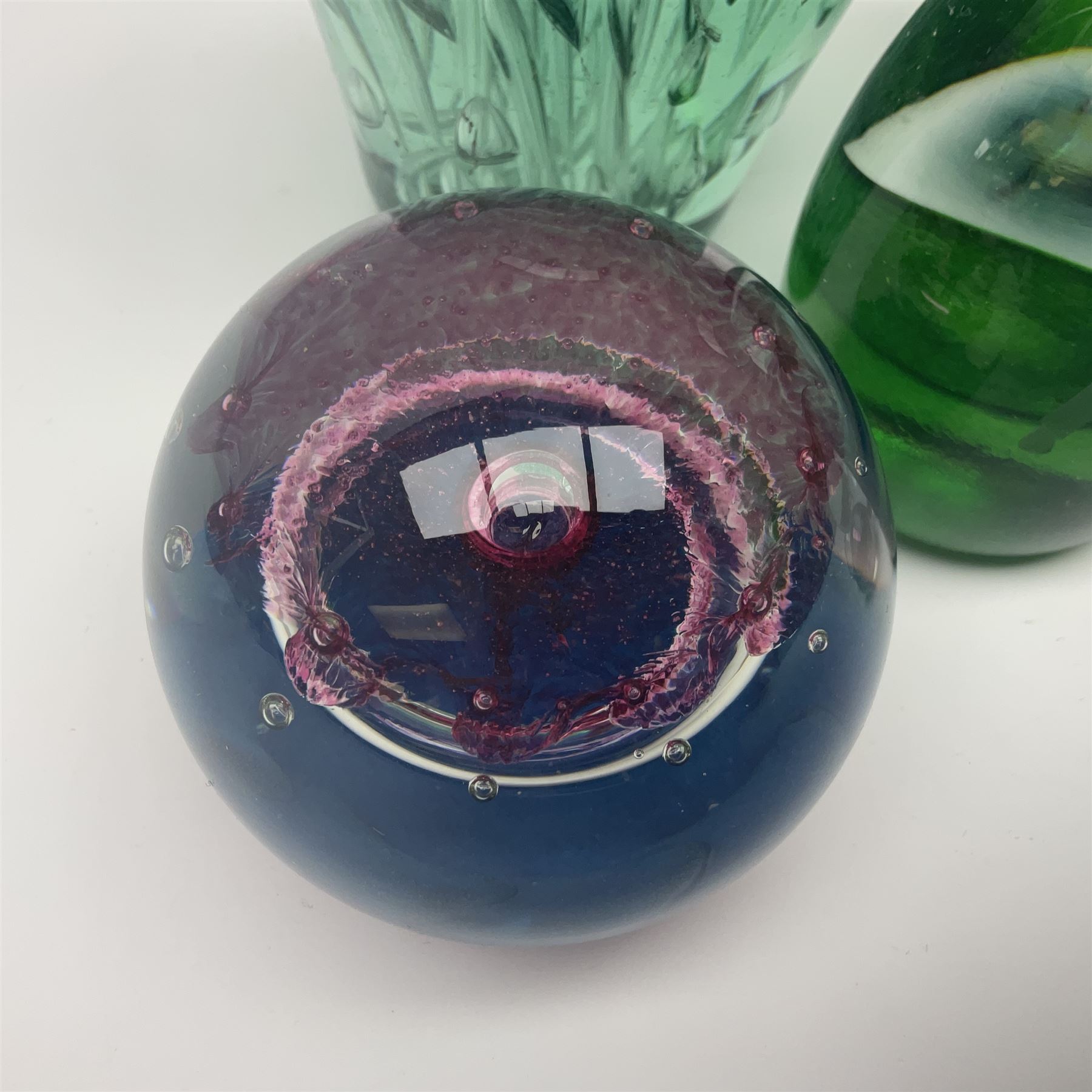 Pair of Victorian green glass dump paperweights with air bubble inclusions, together with Caithness paperweight and three other paperweights, dump H15cm