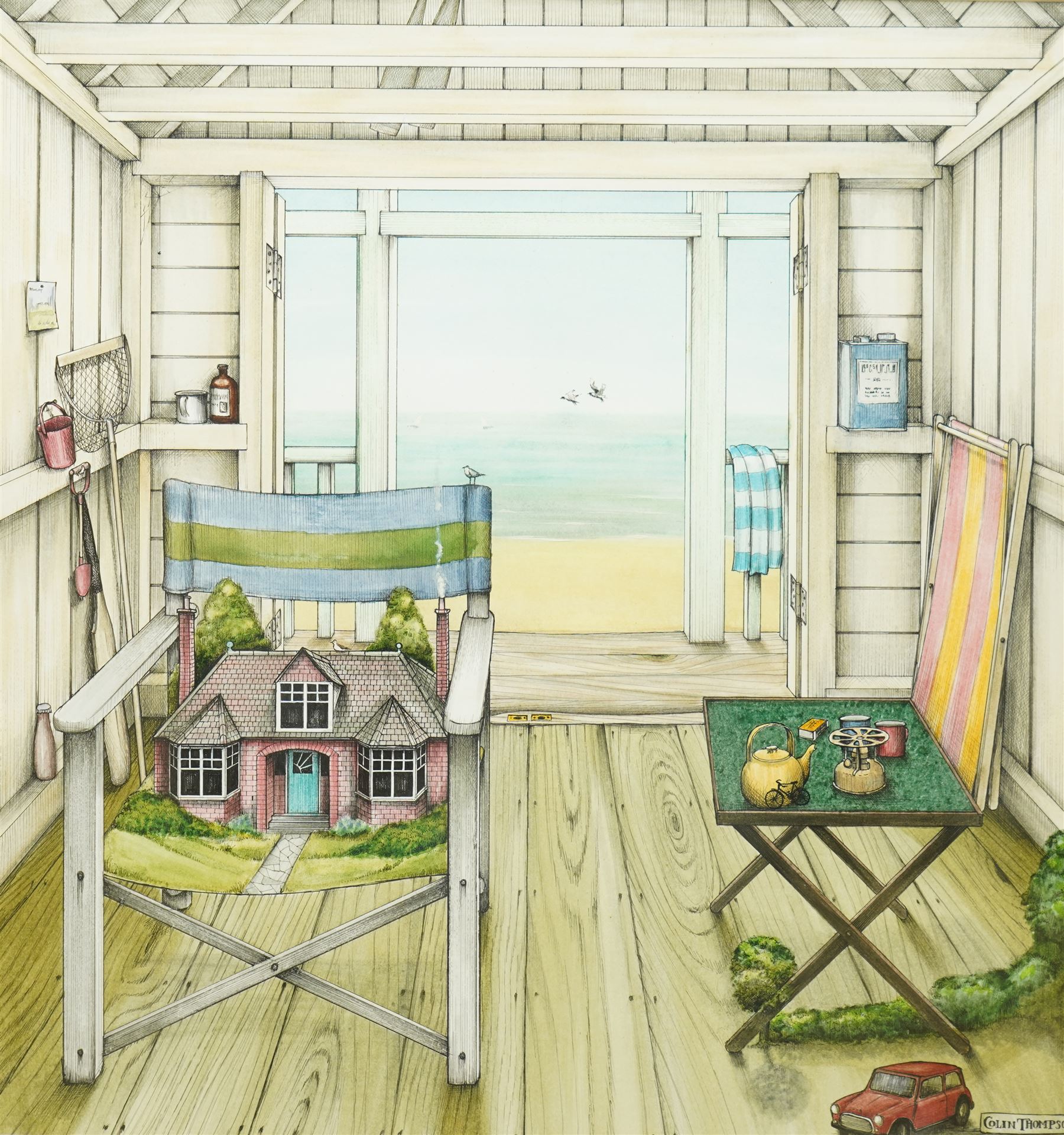 Colin Thompson (British/Australian 1942-): Home in Beach Hut Illustration, ink and watercolour signed 39cm x 37cm Notes: Featured in Thompson's the 'Pictures of Home' book, commissioned by Leeds Permanent Building Society, page 28.