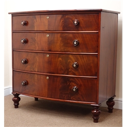  Mid 19th century flame grain mahogany bow front chest, four long drawers, cushion moulded frame, turned rosewood handles with inset mother of pearl detailing, brass escutcheons with key, turned supports, W111cm, H109cm, D60cm  