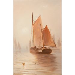 William James Smith Crampton (British 1855-1935): Fishing Vessels on Misty Waters, pair oils on board signed, in matching frames 45cm x 30cm (2)
