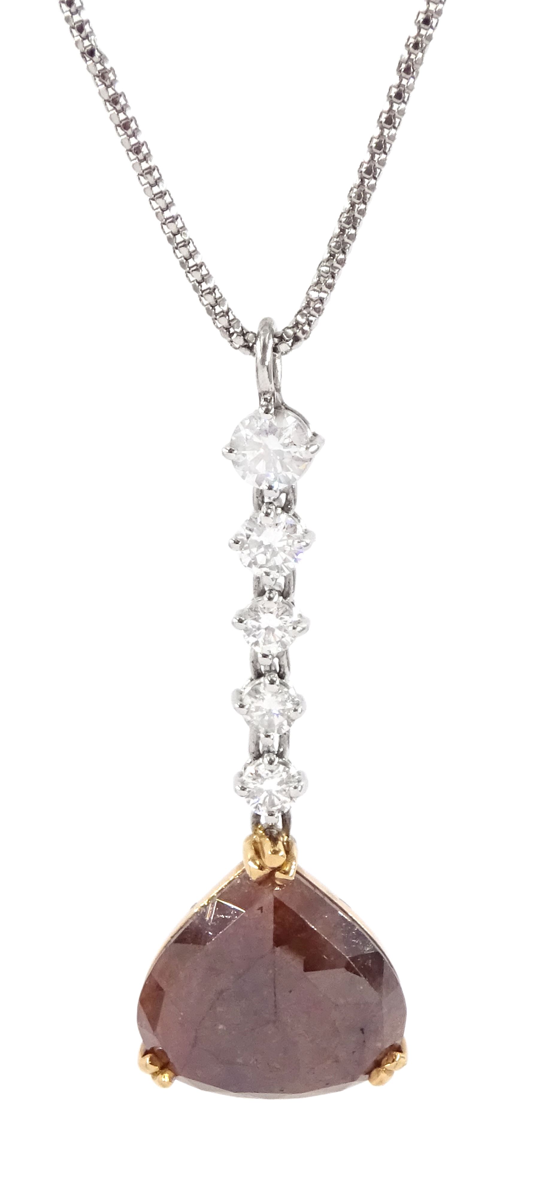 18ct white and yellow gold diamond pendant necklace, single pear cut fancy red/brown diamond of approx 5.70 carat, suspending from a graduating five stone round brilliant cut white diamond bail, on a fancy bead link chain necklace, total white diamond weight approx 0.75 carat