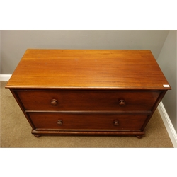  Victorian low two drawer chest, turned handles and feet, W122cm, H81cm, D53cm  