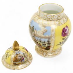Helena Wolfsohn Dresden porcelain quatrefoil twin handled chocolate cup and stand, painted with panels of courting couples and floral sprays on a yellow ground, together with another Wolfsohn cup and saucer of the same design, and a similar continental vase decorated with shipping and town scenes, all marked to base, chocolate cup H8cm 
