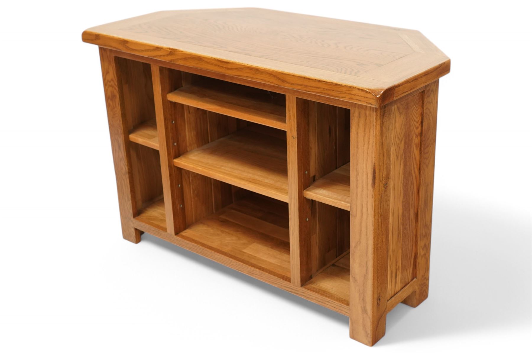 Oak corner television or media stand, fitted with adjustable shelves 