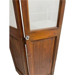 Two double pine room dividers or doors, frosted glass glazed with cube design over panels, in polish finish (74cm x 195cm each double total)