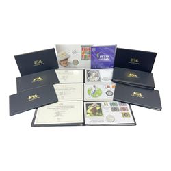 Commemorative coins and covers, including '80th Anniversary of the Battle of Britain' coin cover with Solomon Islands 2020 half dollar, 'Royal National Lifeboat Institution' coin cover with Alderney 2021 five pounds, 'Queen Elizabeth II's 95th Birthday' coin cover with Solomon Islands 2021 half dollar, other similar coin covers all in Harrington and Byrne folders, The Royal Mail 'HM The Queen's 95th Birthday' coin cover with 2021 five pounds and Queen Elizabeth II Isle of Man 2020 'Peter Pan' fifty pence coin collection in card folder