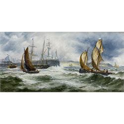 A Turner (British 19th century): Yarmouth Boats Rounding the Lighthouse, oil on canvas signed 30cm x 60cm