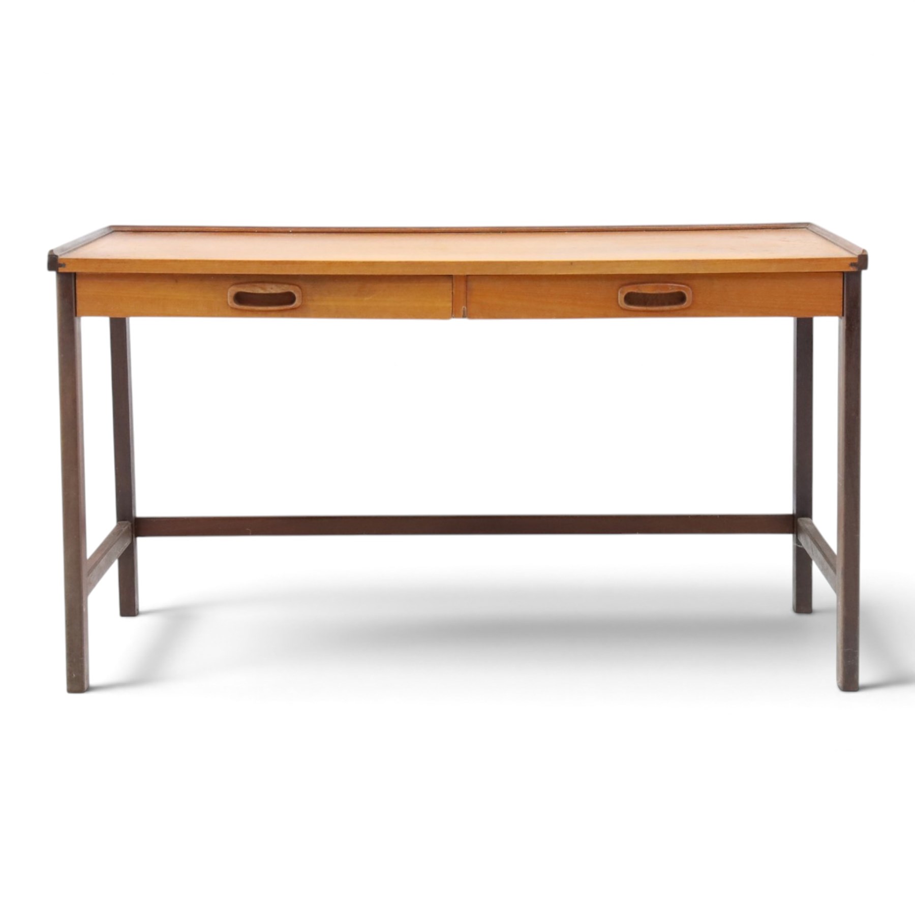 Danish mid-20th century teak small console table, fitted with two baize lined drawers, raised on square supports united by stretchers