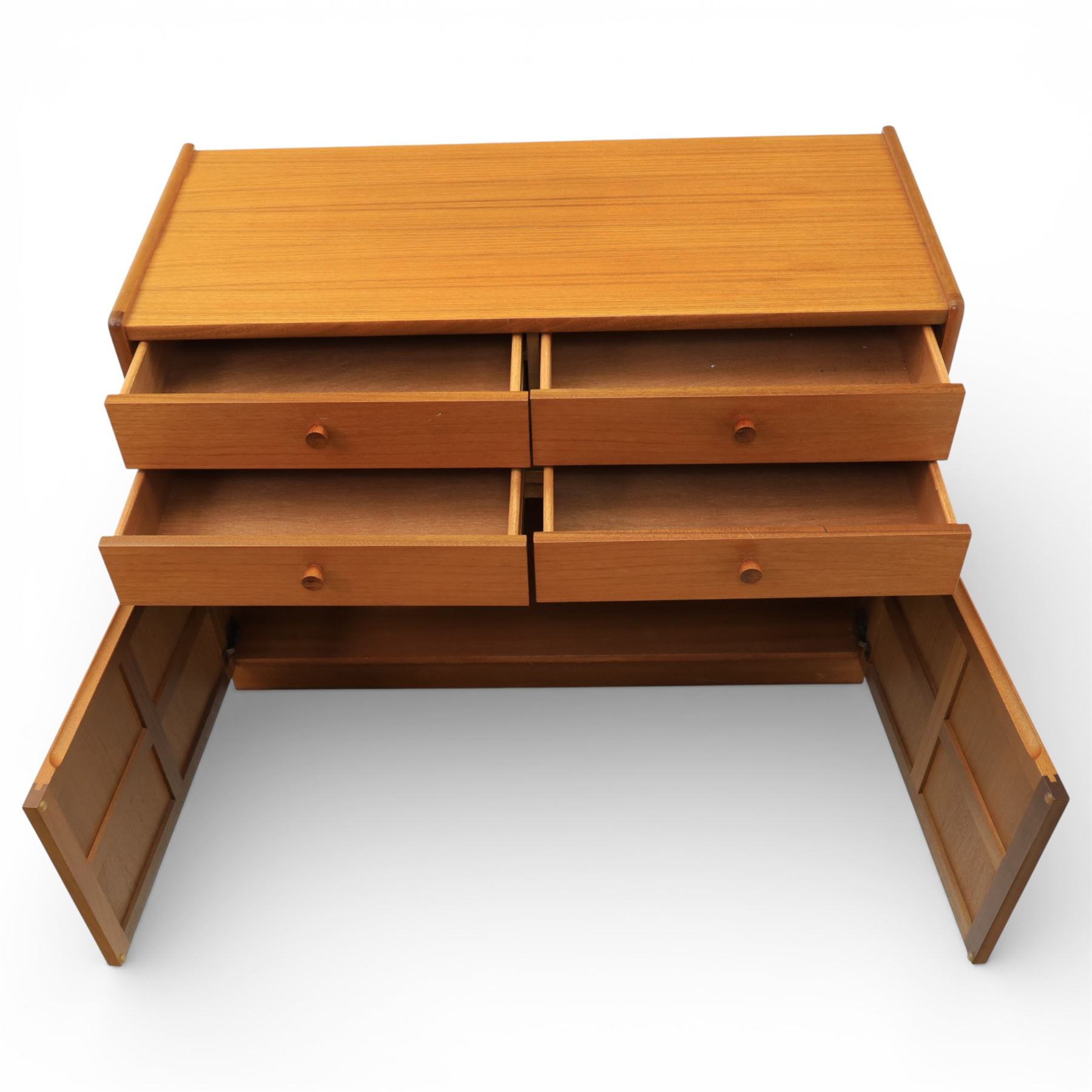 Nathan - 'Squares' pair of sideboards, rectangular top over four short drawers, above signature square panelled cabinet doors on a recessed plinth base