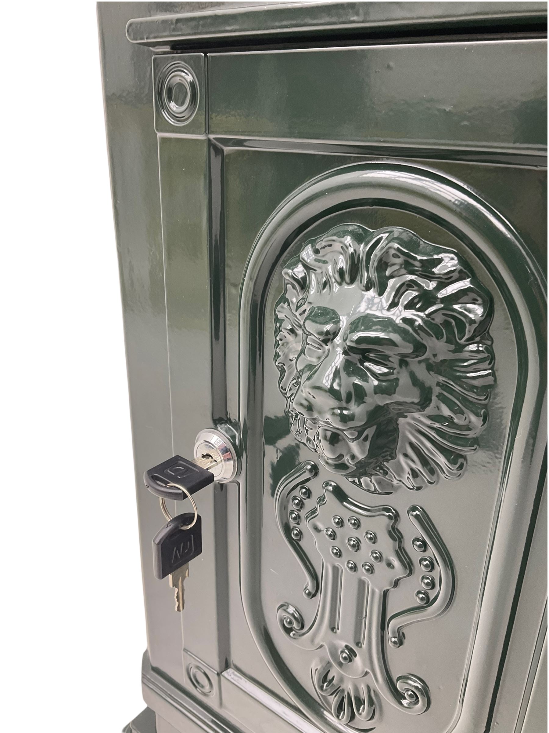 Victorian style cast aluminium green painted post / mail box, with keys
