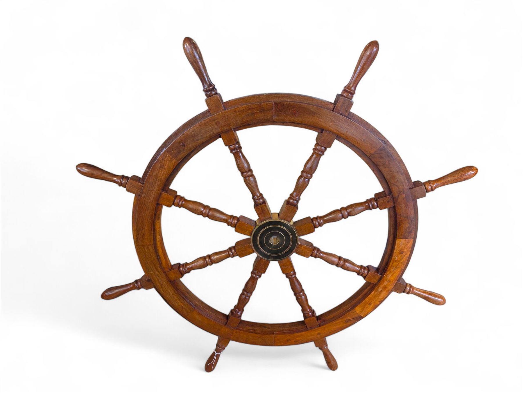 Wooden eight spoke ship's wheel with brass centre, D106cm