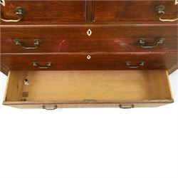 18th century oak chest, fitted with two short and three long graduating drawers, bone escutcheons and brass swan neck handles, bracket feet