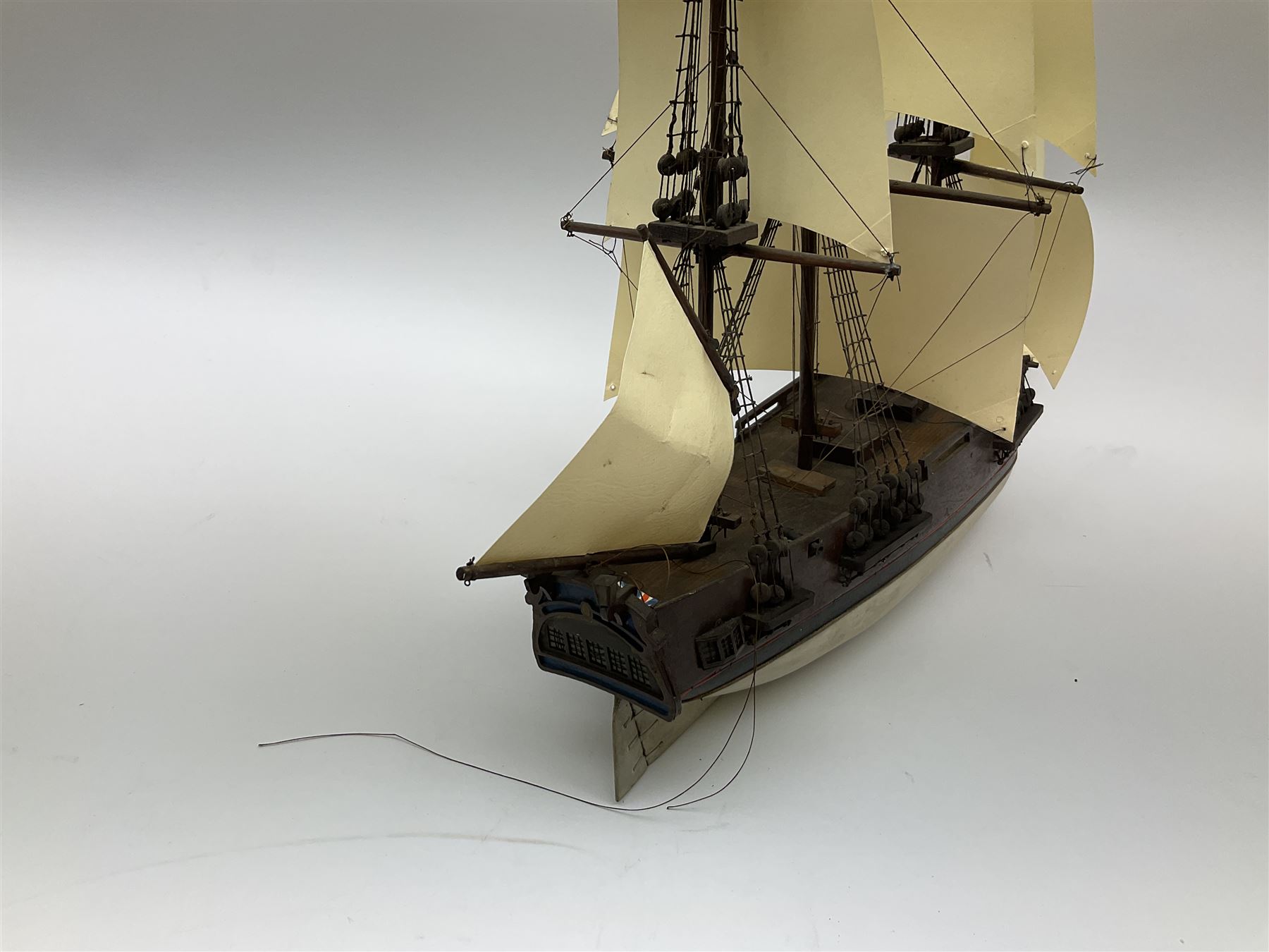 Late 19th, early 20th century, scratch built model of a three masted sailing ship with rigging, H50cm 