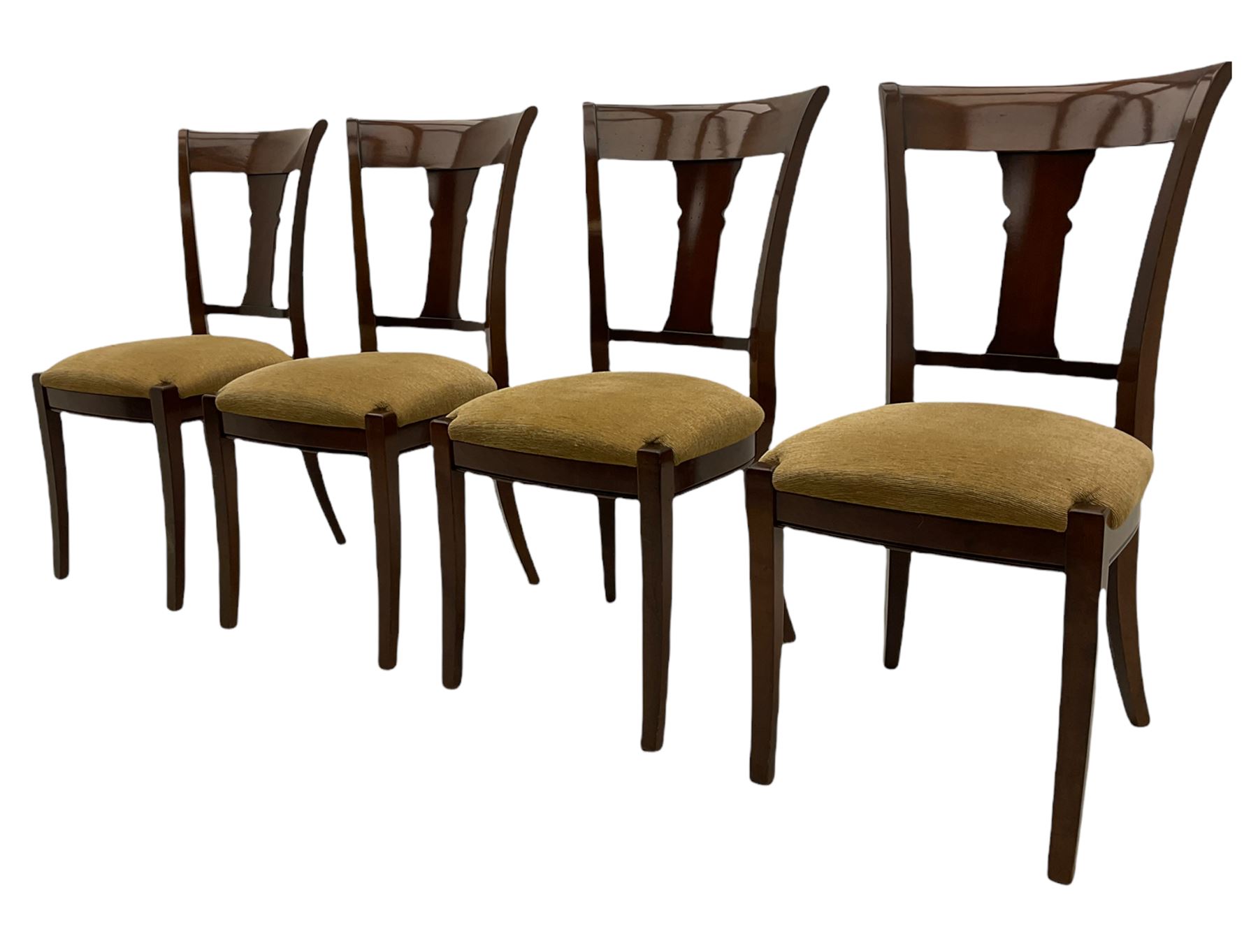 Grange Furniture - cherry wood finish oval extending dining table on square tapering supports, and a set of eight dining chairs with curved backs and upholstered seats 