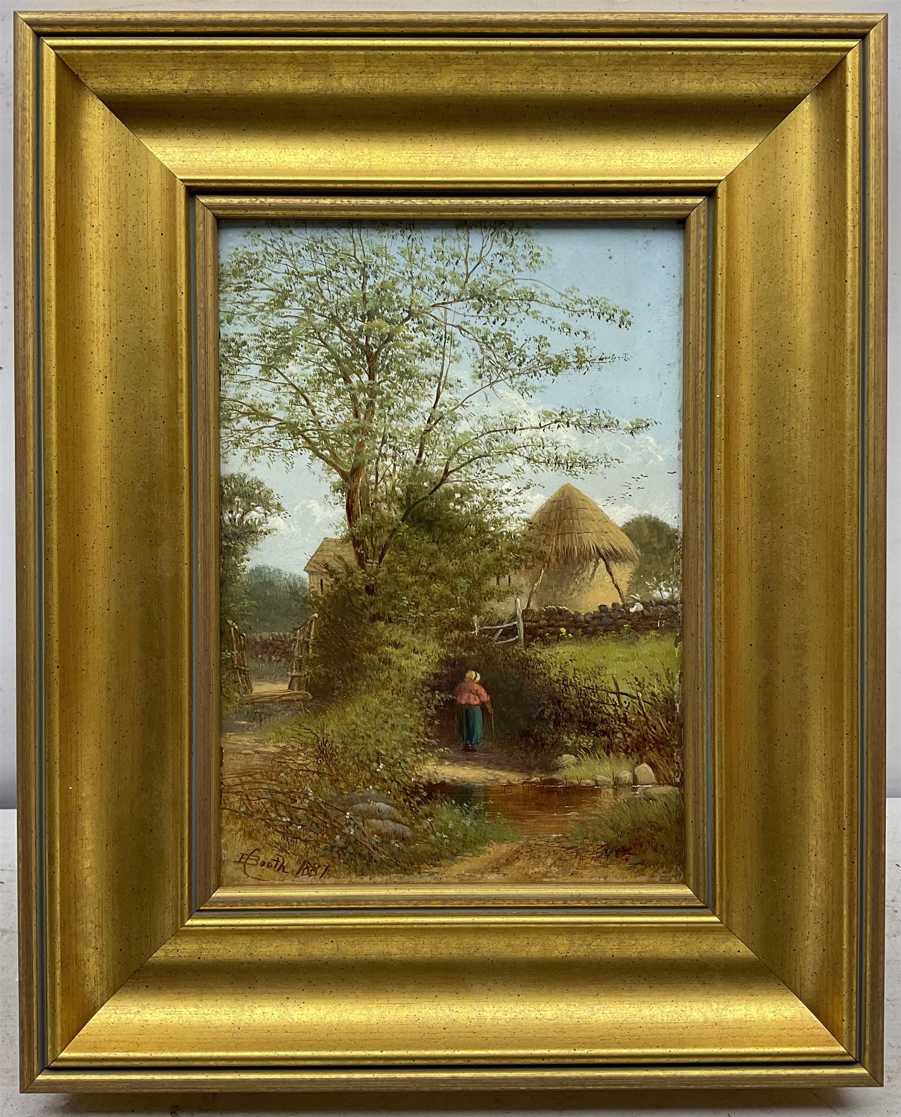 Edward C Booth (British 1821-post1893): 'Beckfoot - Denton Road Ilkley', oil on board signed and dated 1887, titled on label verso 25cm x 17cm