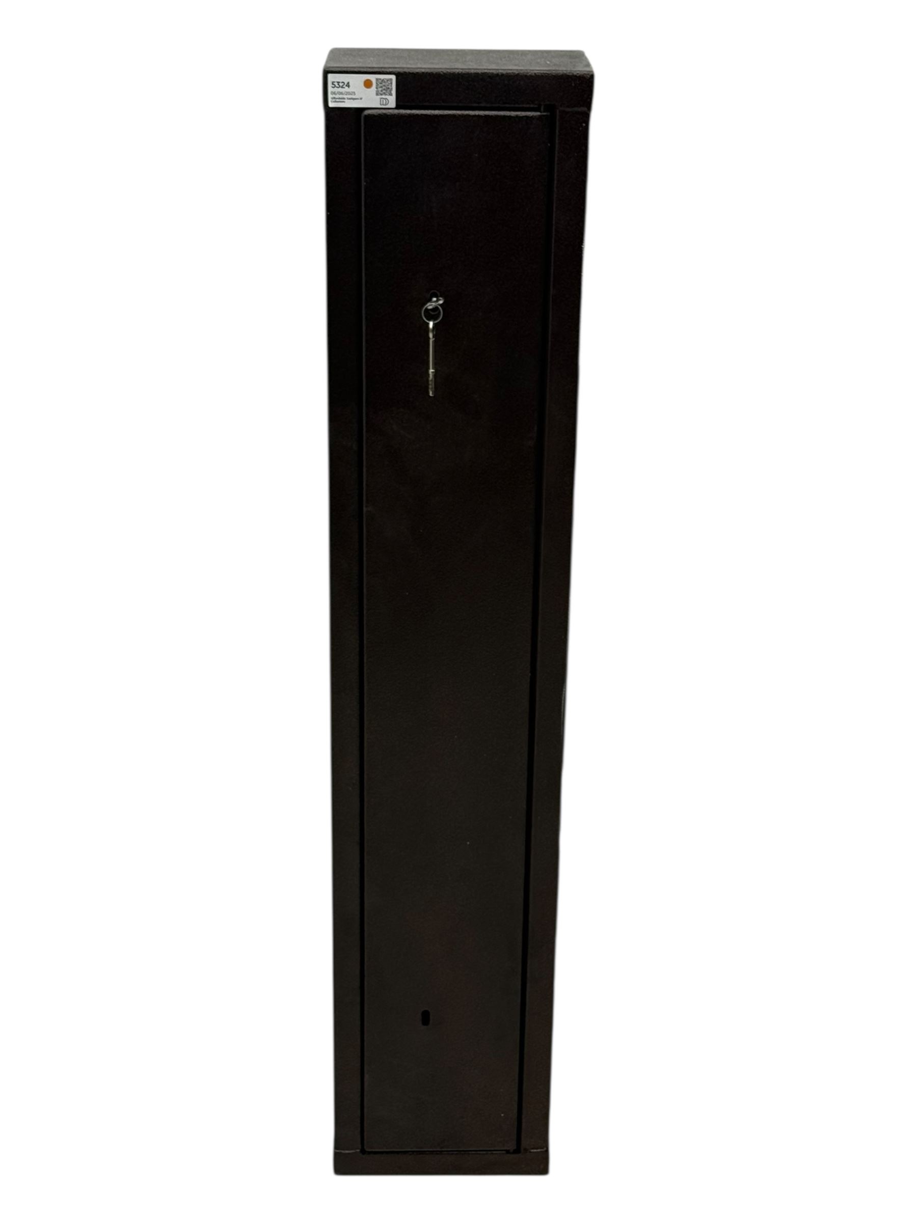 Modern black painted steel gun cabinet, of tall rectangular form with hinged front door fitted with dual lock mechanism, interior with foam base insert and pre-drilled mounting holes to back panel
