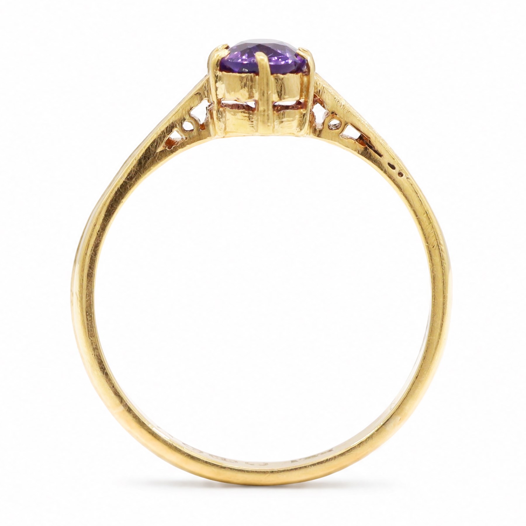 22ct gold amethyst ring, six claw set with a single oval cut amethyst, hallmarked