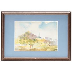 U Ba Thet (Burmese 1903-1972): View of Shwedagon Pagoda and Burmese Bullock Carts, pair of watercolours signed, 13cm x 19cm, 13.3cm x 19cm (2)