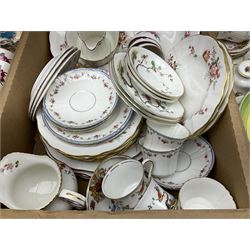 Quantity of tea wares and ceramics to include Heathcote & Sons, Royal Crown Derby Posies, Royal Albert Old Country Roses, etc, together with a quantity of commemorative mugs etc, in four boxes