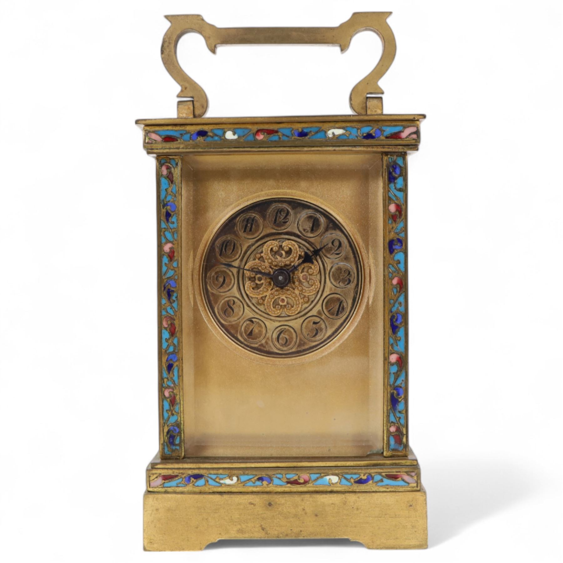 French-19th century carriage clock with cloisonné inlay, platform cylinder escapement.